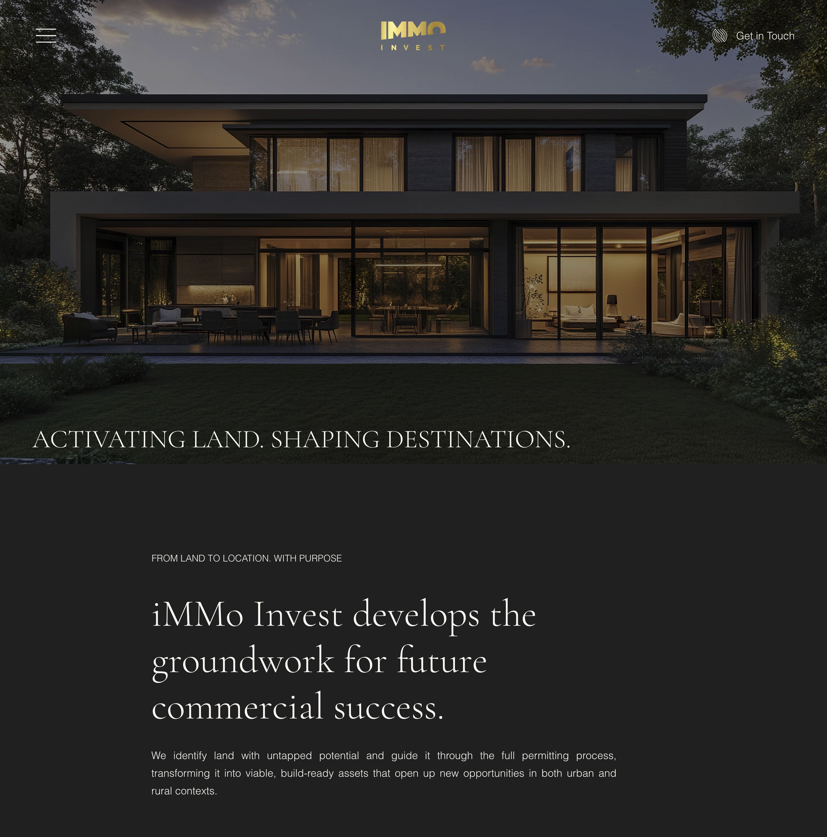 IMMO Invest homepage design with architectural imagery and company introduction