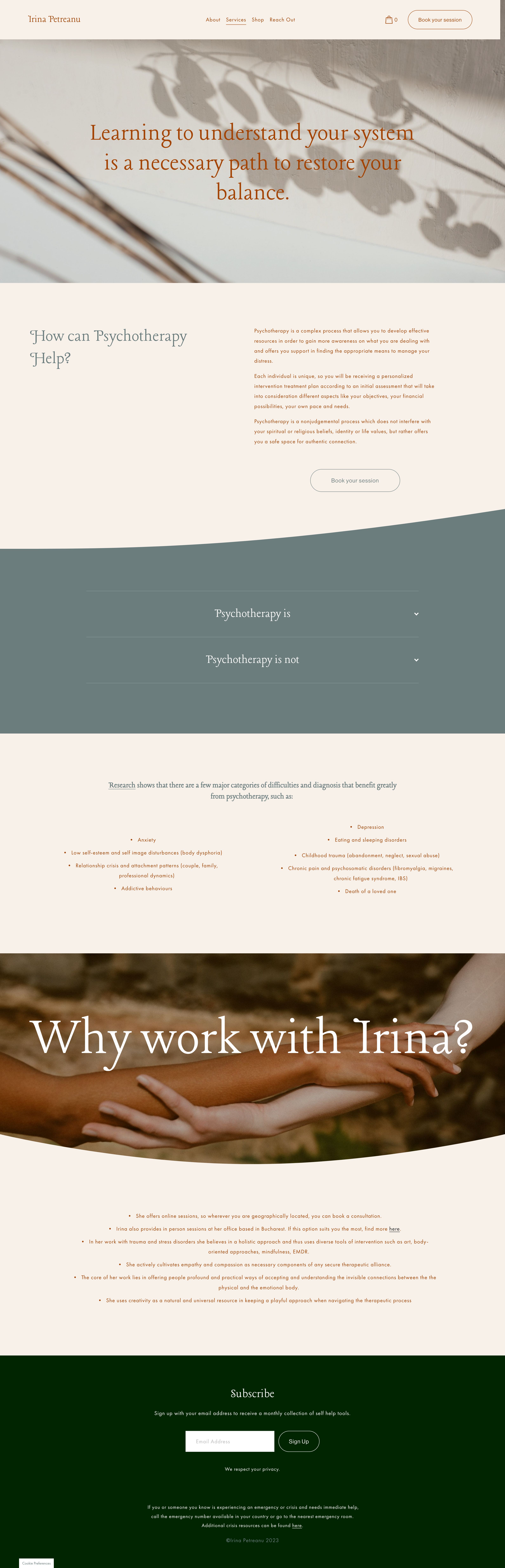 The Process page, introducing psychotherapy, the approach and working with Irina
